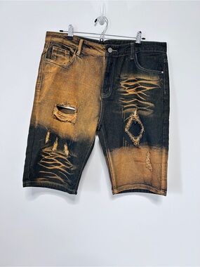 Men's Jean Denim Shorts Size 38 Distressed Two-Tone Black & Orange Streetwear